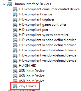 Device Manager's Human Interface Devices list, with vJoy Device picked out
at the bottom