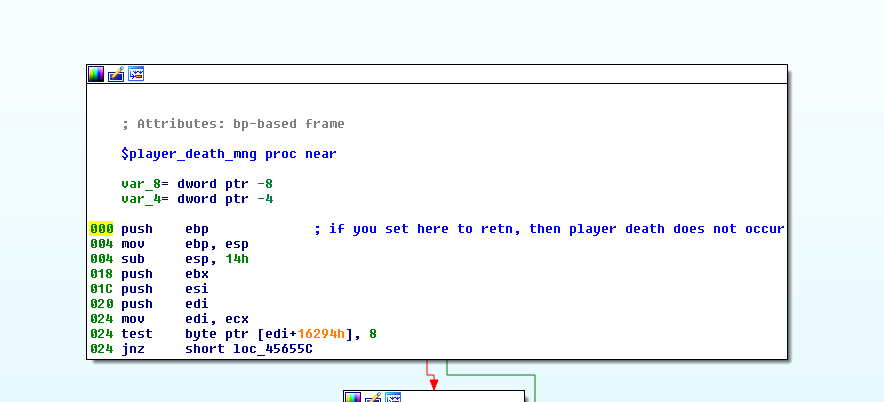 IDA disassembly of $player_death_mng, annotated with a note that patching
its first instruction to retn stops the player from dying