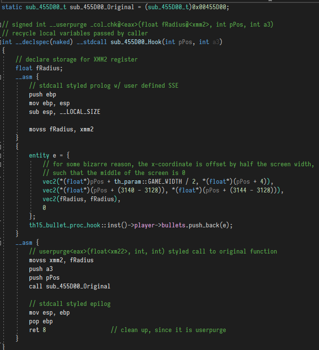 The naked __stdcall hook, hand-writing a prolog and epilog around the
userpurge call convention of the original function