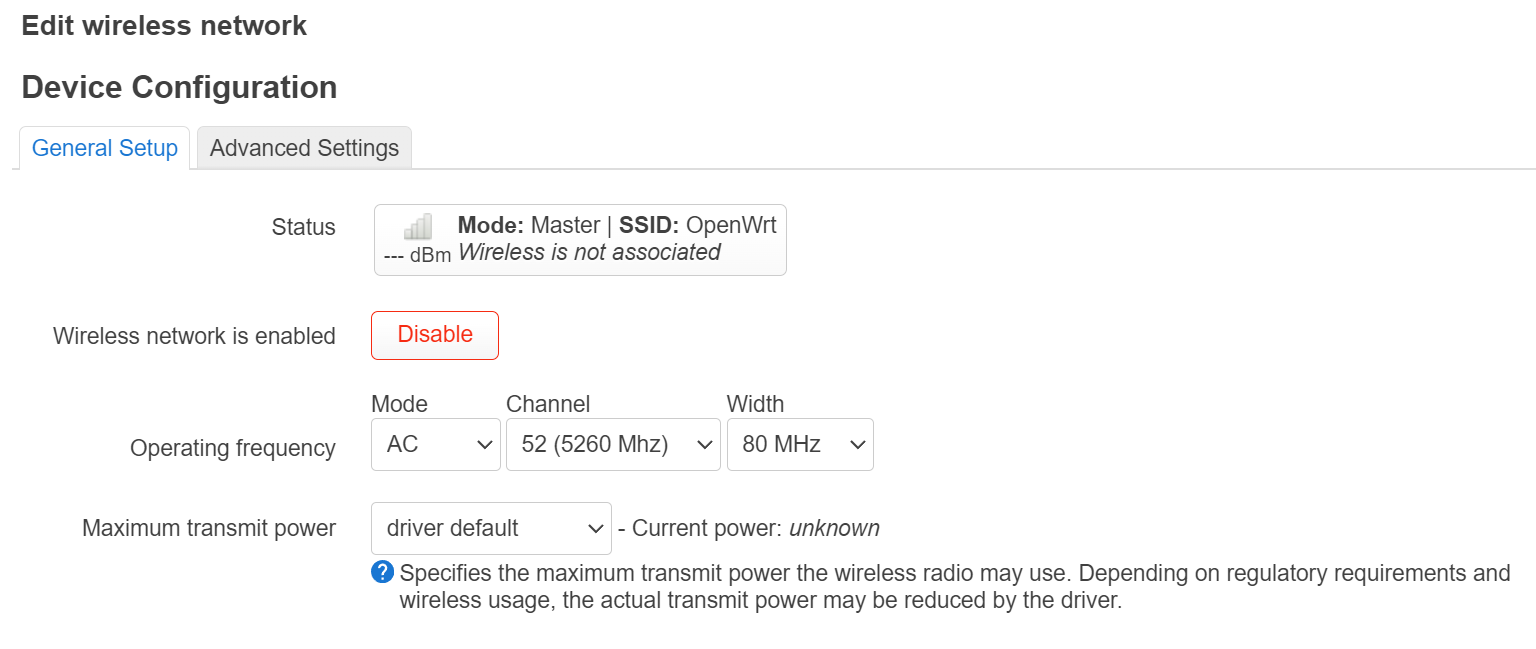LuCI wireless configuration, set to AC mode on channel 52 at 80 MHz
width