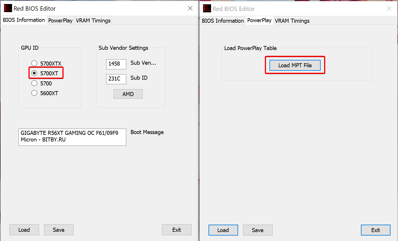 Red BIOS Editor with the GPU ID set to 5700XT, and the Load MPT File button
on the PowerPlay tab
