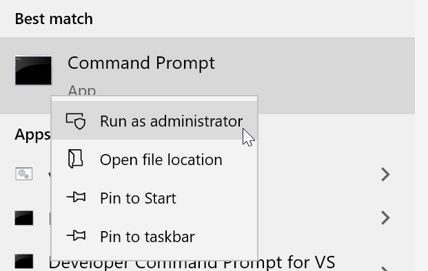 Running Command Prompt as administrator from the start
menu