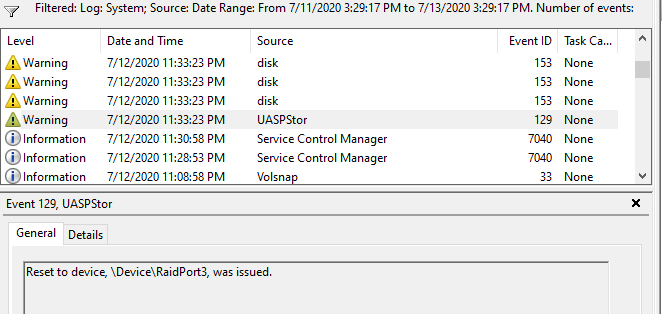Event Viewer showing repeated disk warnings and a UASPStor event 129,
"Reset to device, \Device\RaidPort3, was issued"
